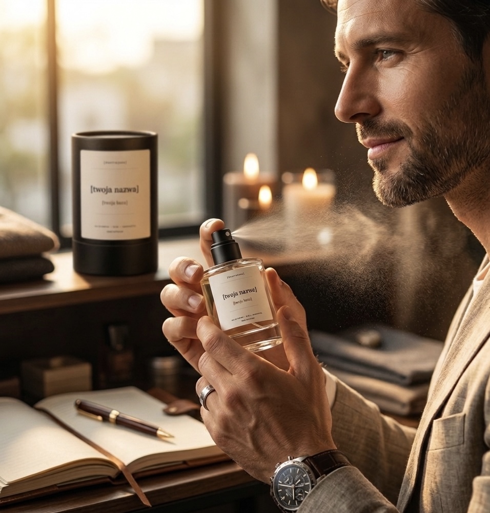 Mężczyzna trzymający flakon perfum [dostrojone] w ciepłym świetle