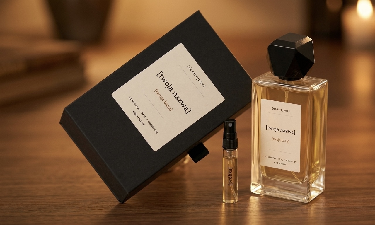 Pudełko i flakon perfum na ciemnym blacie obok książek i mośiężnego świecznika