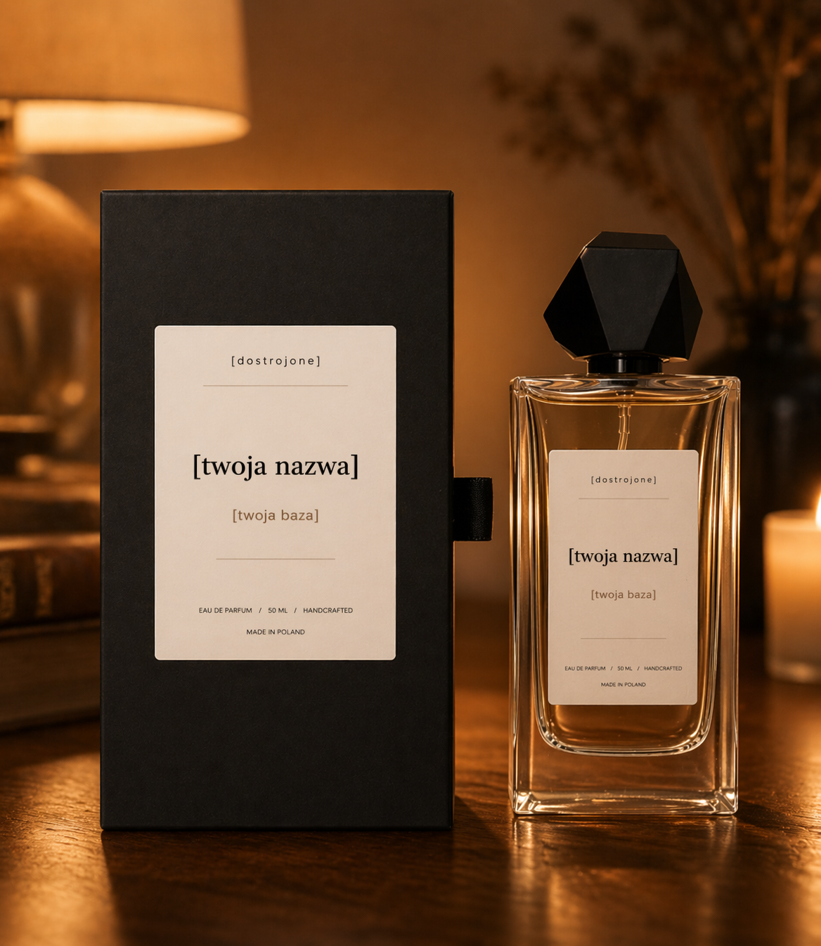 Flakon perfum [dostrojone] z czarnym tubusem na drewnianym blacie